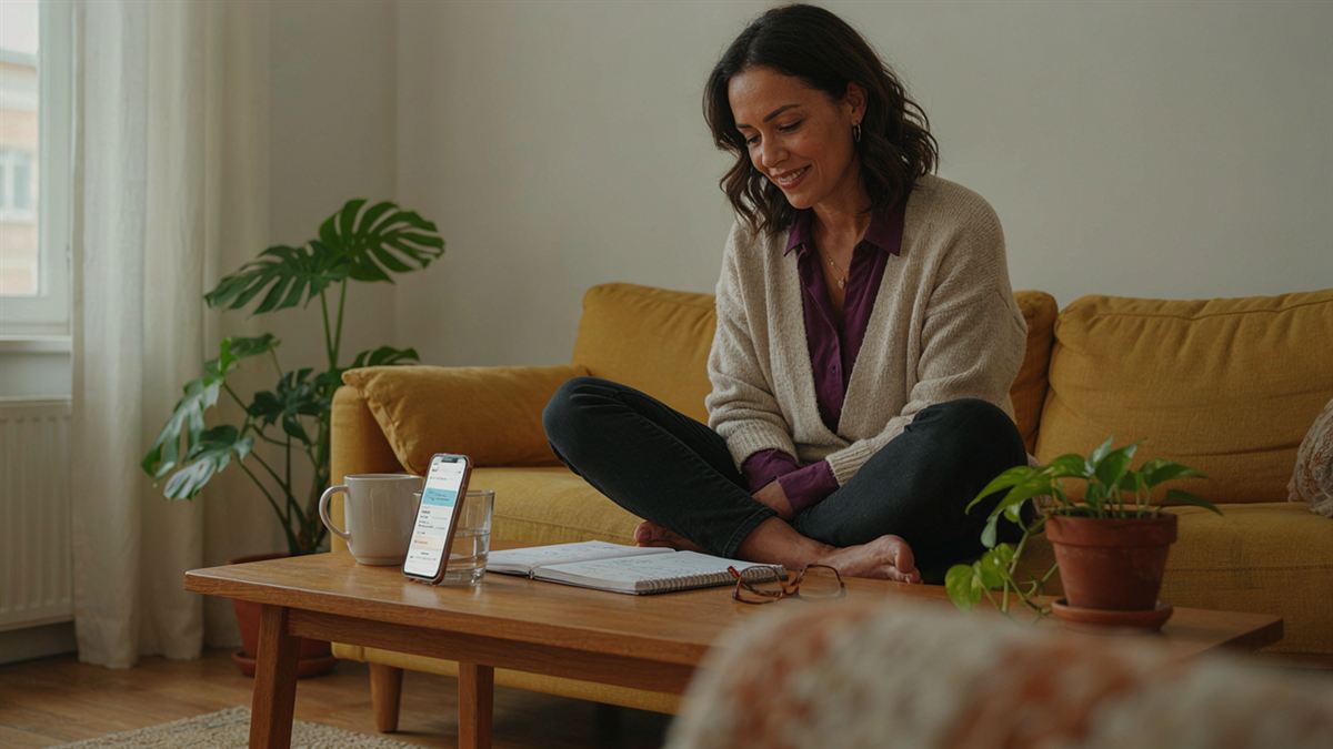 Mulher de cerca de 40 anos estudando inglês no sofá de casa, com caderno e celular, sorrindo.