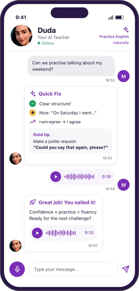 Tela do app com uma conversa por voz com a Duda.