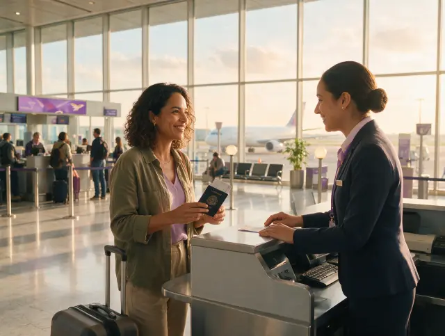 Mulher adulta conversando em inglês no check-in de um aeroporto.