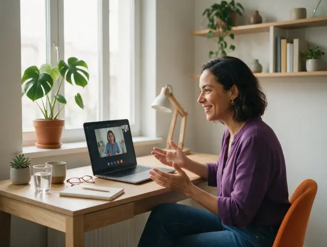 Mulher adulta numa entrevista de emprego em inglês por vídeo.