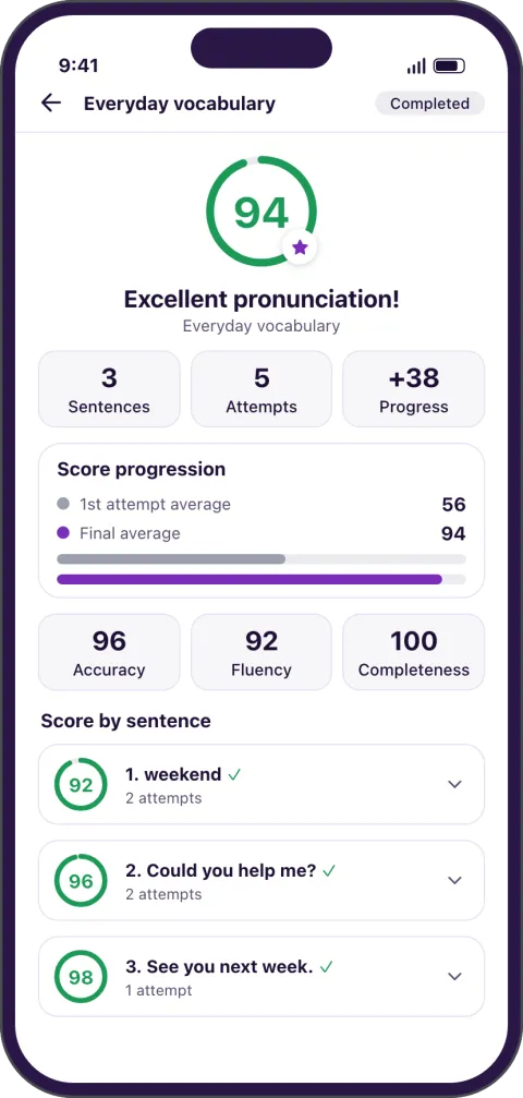 Tela do app com a nota de pronúncia de cada frase.